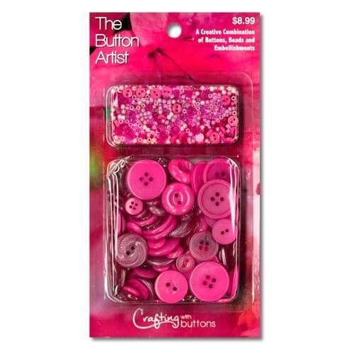 The Button Artist - Pink - 85gm mixed buttons & 28gm buttons & beads