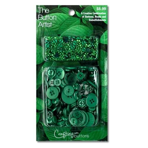 The Button Artist - Dark Green - 85gm mixed buttons & 28gm buttons & beads
