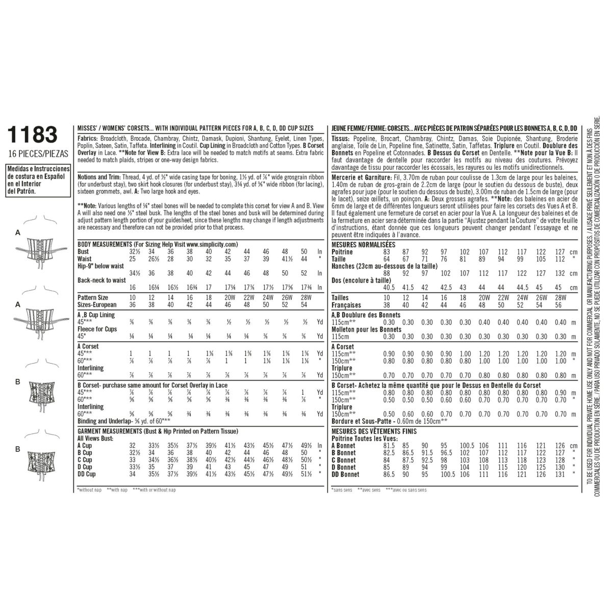 Simplicity Sewing Pattern 1183 Misses' and Plus Size Corsets