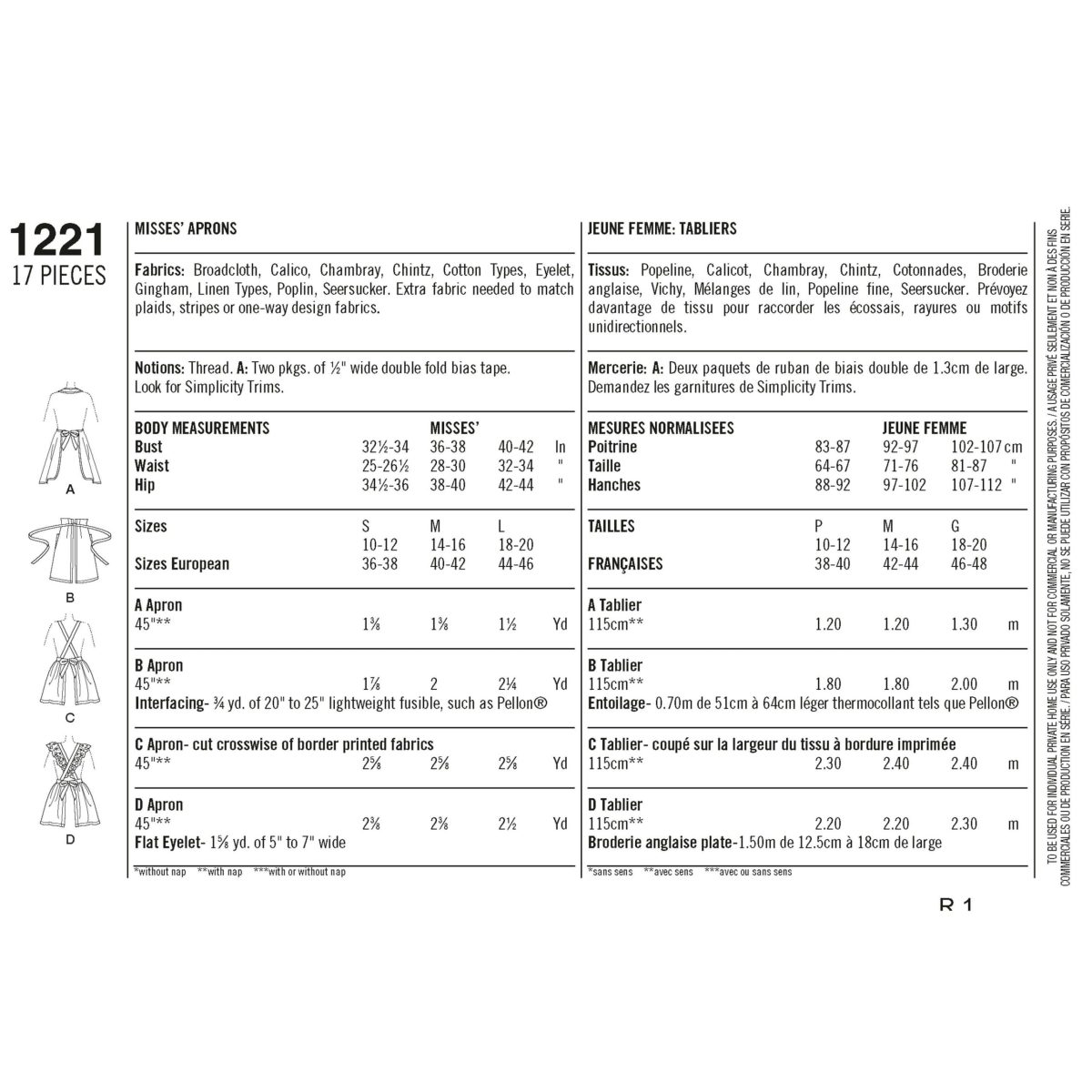 Simplicity Sewing Pattern 1221 Misses' Vintage Aprons