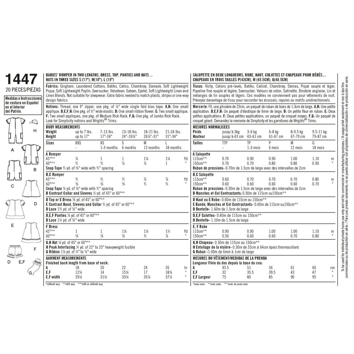 Simplicity Sewing Pattern 1447 Babies' Romper, Dress, Top, Panties and Hats