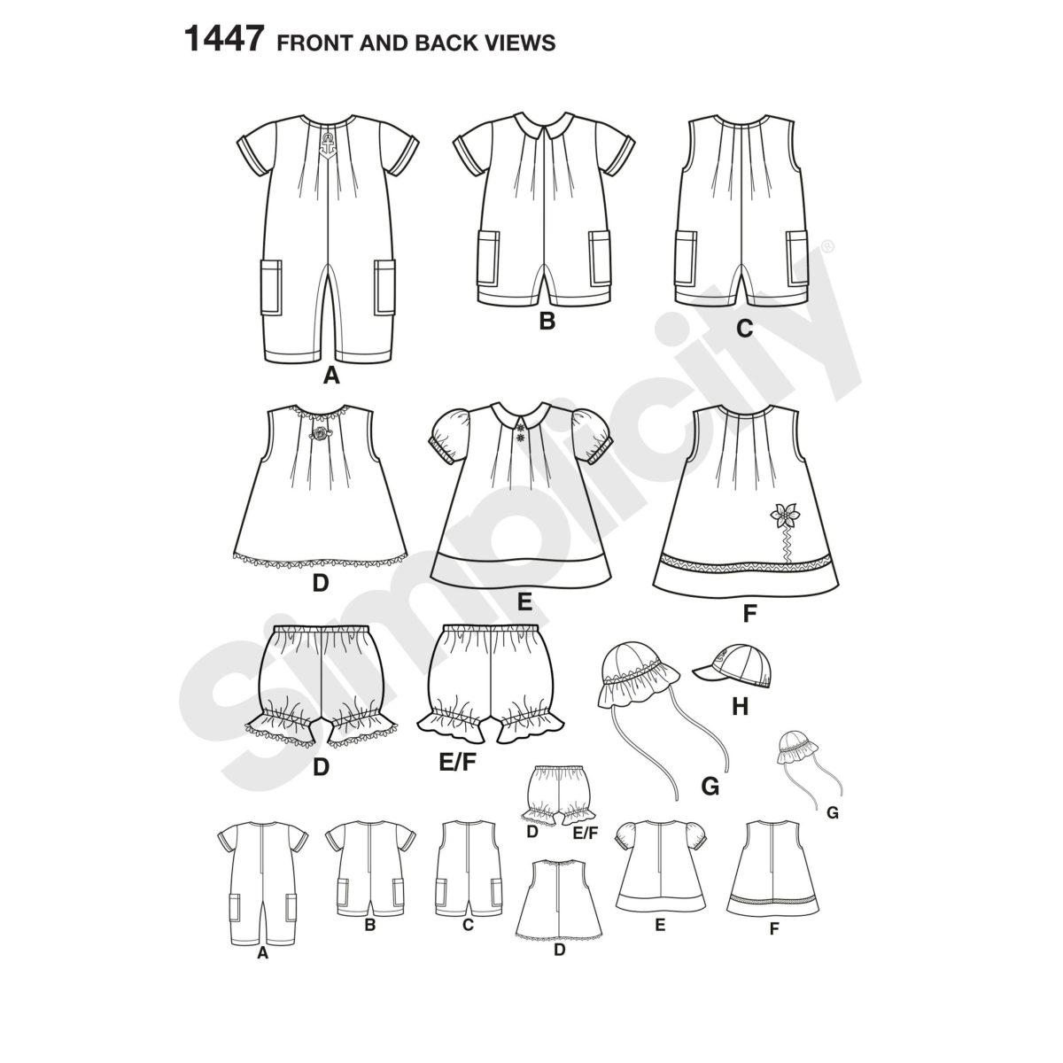 Simplicity Sewing Pattern 1447 Babies' Romper, Dress, Top, Panties and Hats