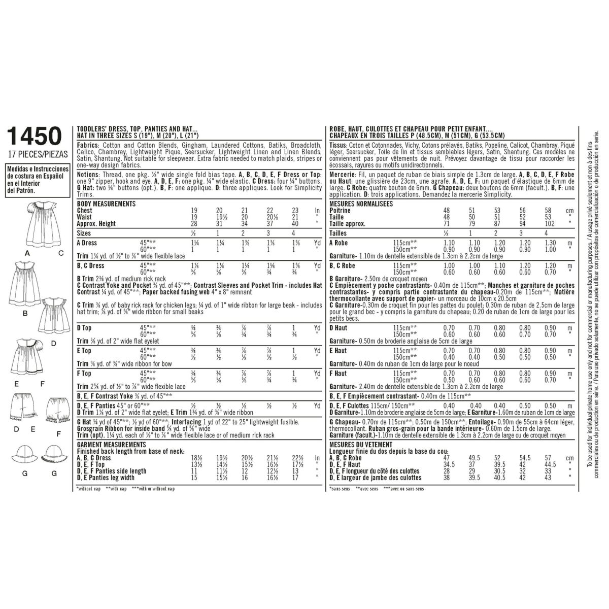 Simplicity Sewing Pattern 1450 Toddlers' Dress, Top, Panties and Hat