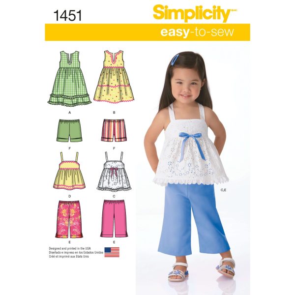 Simplicity Sewing Pattern 1451 Toddlers' Dresses, Top, Cropped Trousers and Shorts