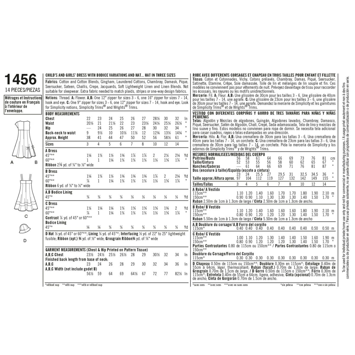 Simplicity Sewing Pattern 1456 Child's and Girls' Dress with Bodice Variations and Hat