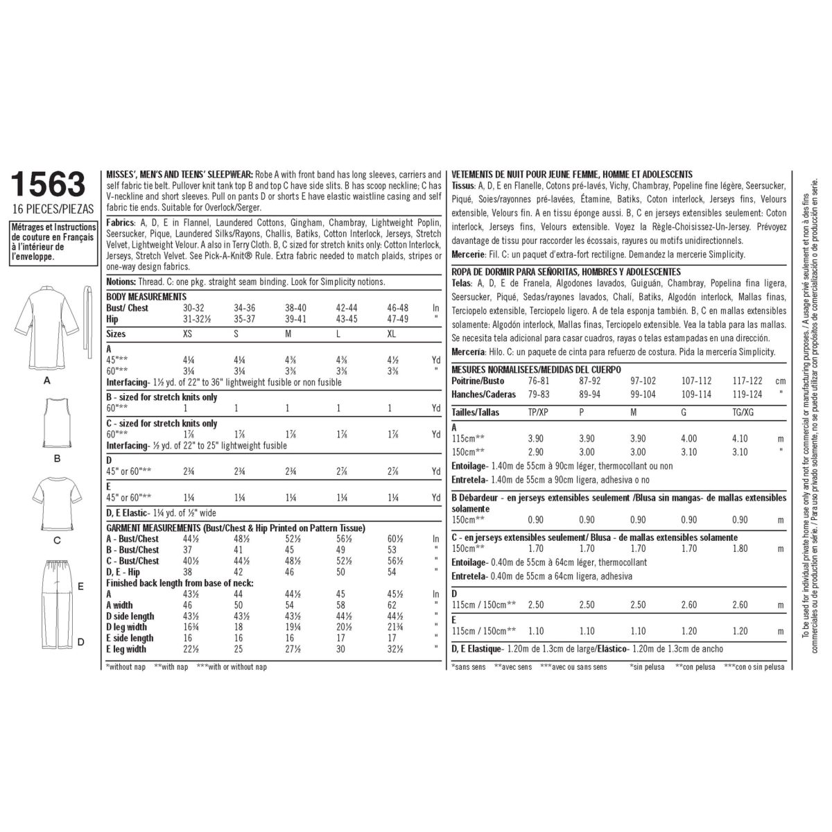 Simplicity Sewing Pattern 1563 Misses' Men's and Teens' Sleepwear