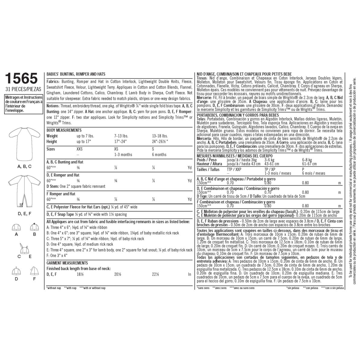 Simplicity Sewing Pattern 1565 Babies' Bunting, Romper and Hats