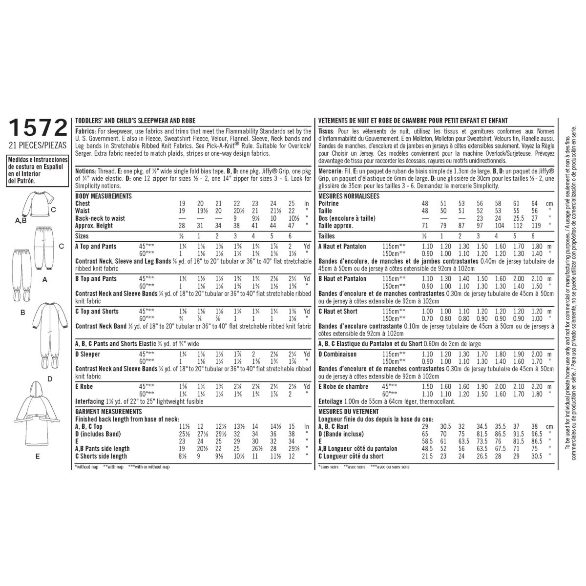 Simplicity Sewing Pattern 1572 Toddlers' and Child's Sleepwear and Robe