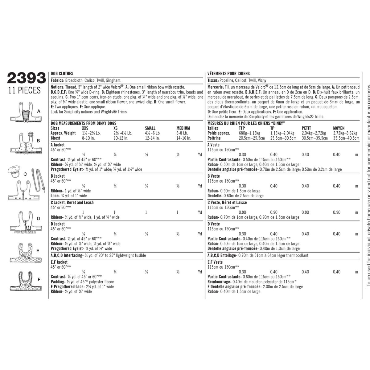 Simplicity Sewing Pattern 2393 Dog Clothes