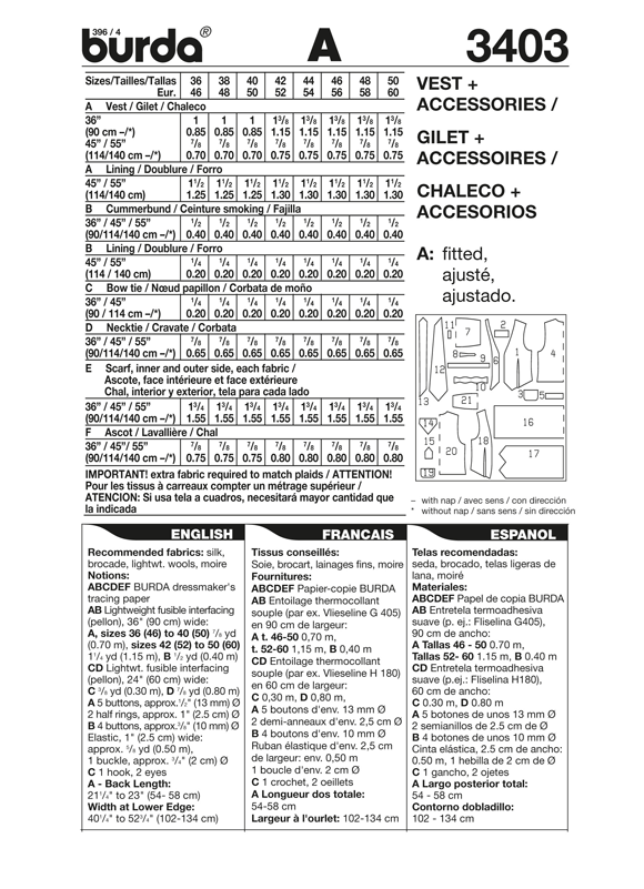 Burda Sewing Pattern B3403 Vest & Accessories Sewing Pattern