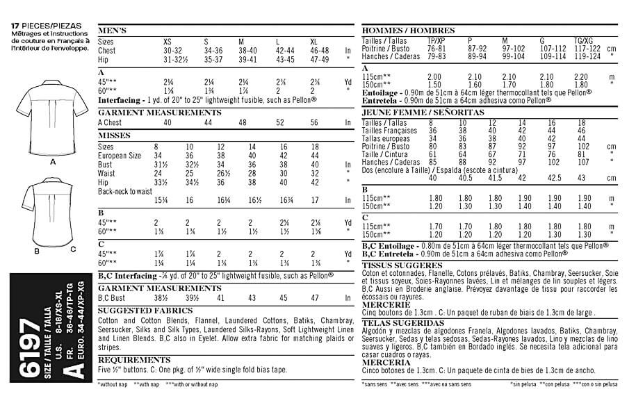 New Look Sewing Pattern N6197 Misses' and Men's Unisex Shirts