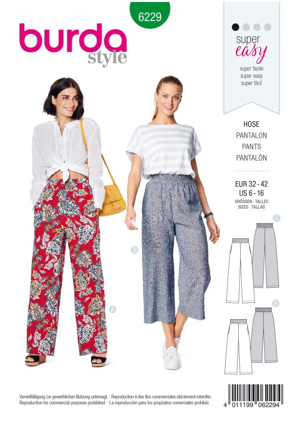 Burda Style Pattern 6229 Misses' Pull-On Pants In Two Lengths