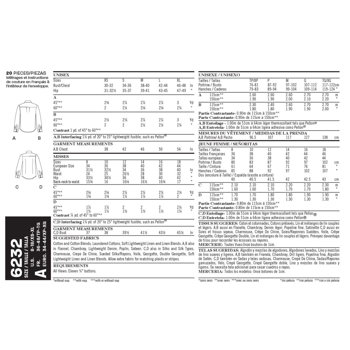 New Look Sewing Pattern N6232 Misses' and Men's Button Down Shirt