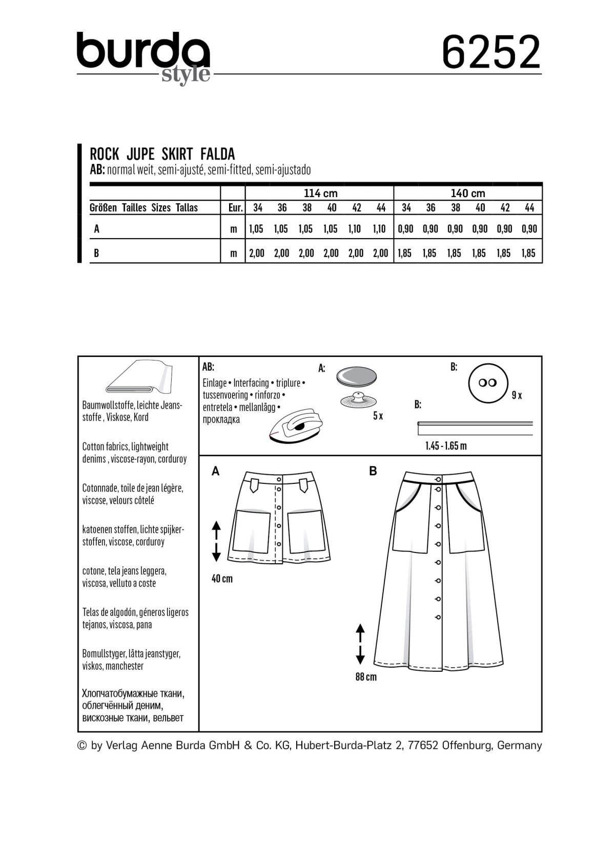 Burda Style Pattern 6252 Misses' Skirts, Front Fastening, Mini or Midi Length with Pocket Variations