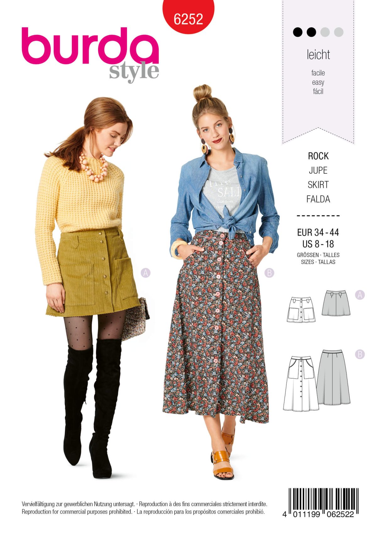 Burda Style Pattern 6252 Misses' Skirts, Front Fastening, Mini or Midi Length with Pocket Variations