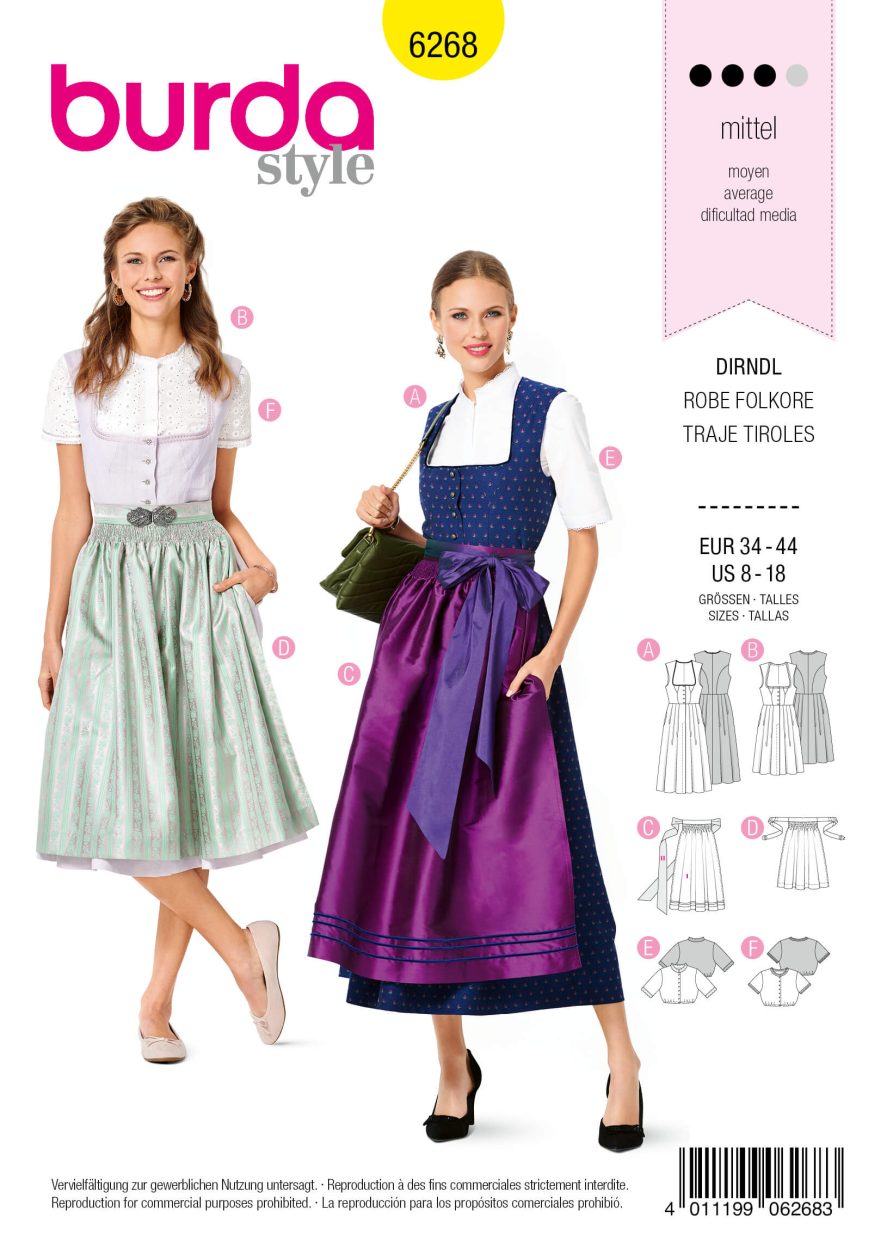 Burda Style Pattern 6268 Misses' Jumper Dress in Dirndl-Style, Blouse and Apron