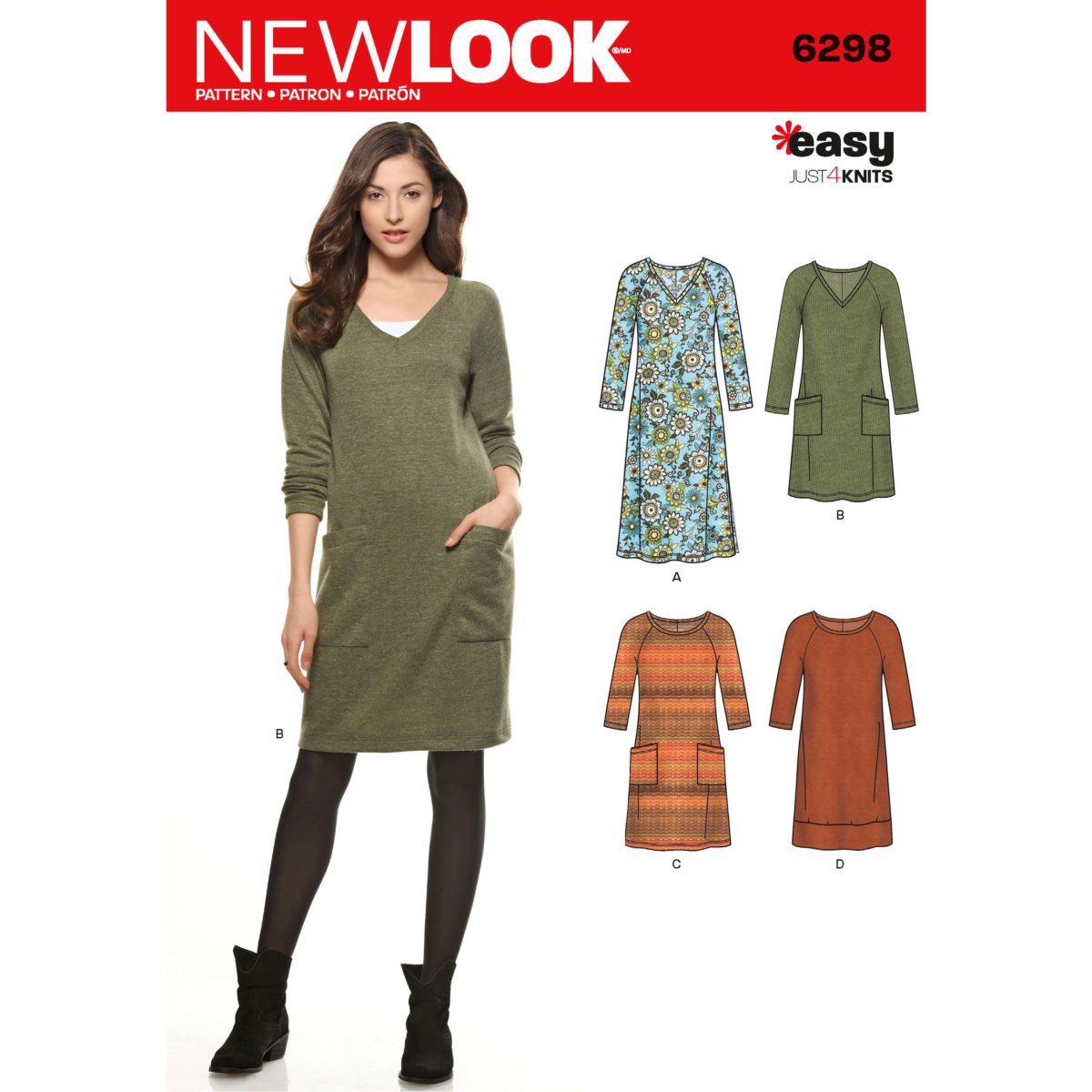 New Look Sewing Pattern N6298 Misses' Knit Dress with Neckline & Length Variations