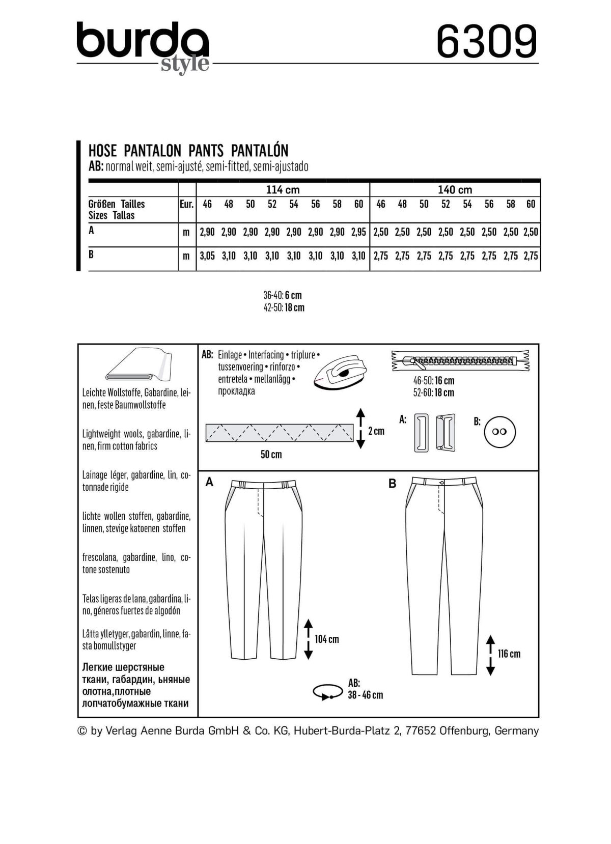 Burda Style Pattern 6309 Women's back elastic pants