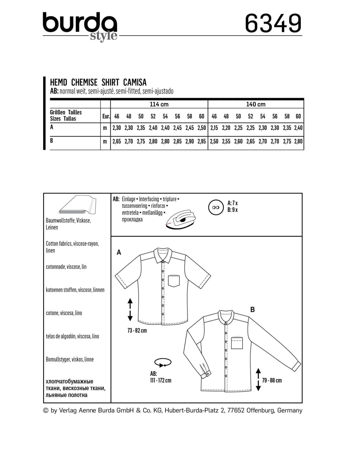 Burda Style Pattern 6349 Men's shirt with collar