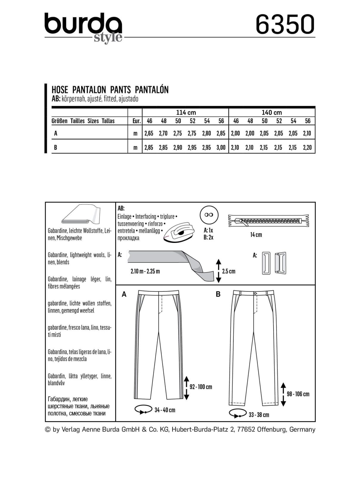 Burda Style Pattern 6350 Men's pants