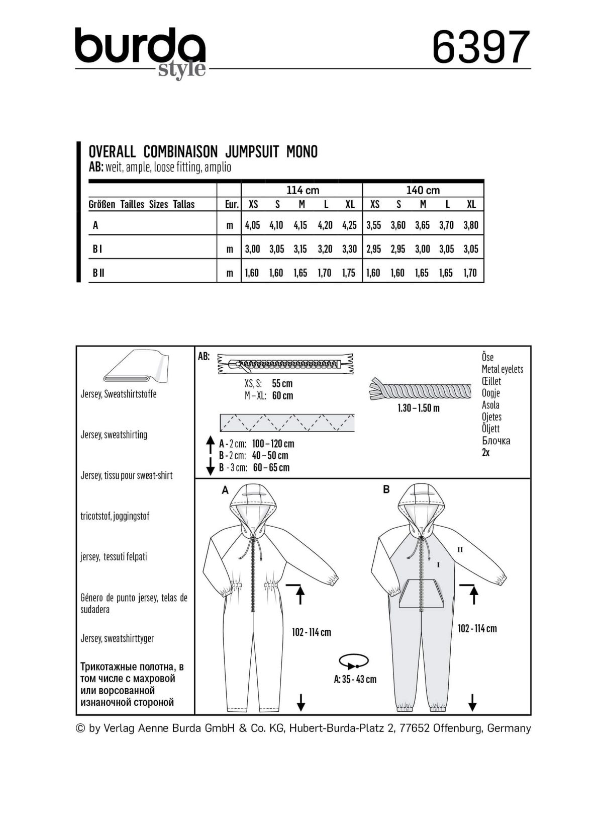 Burda Style Pattern B6397 Unisex Hodded Jumpsuit