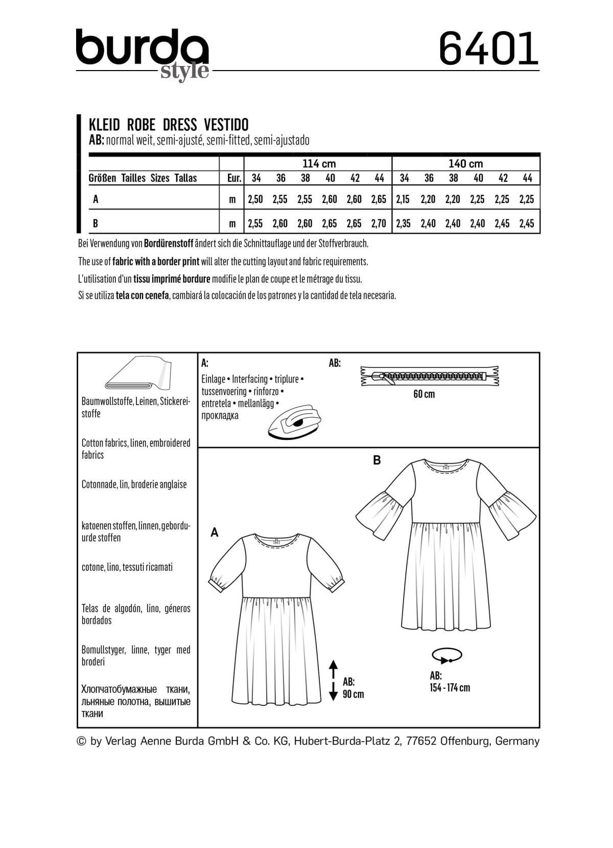 Burda Style Pattern B6401 Women's Swing Dress with Sleeve Variations