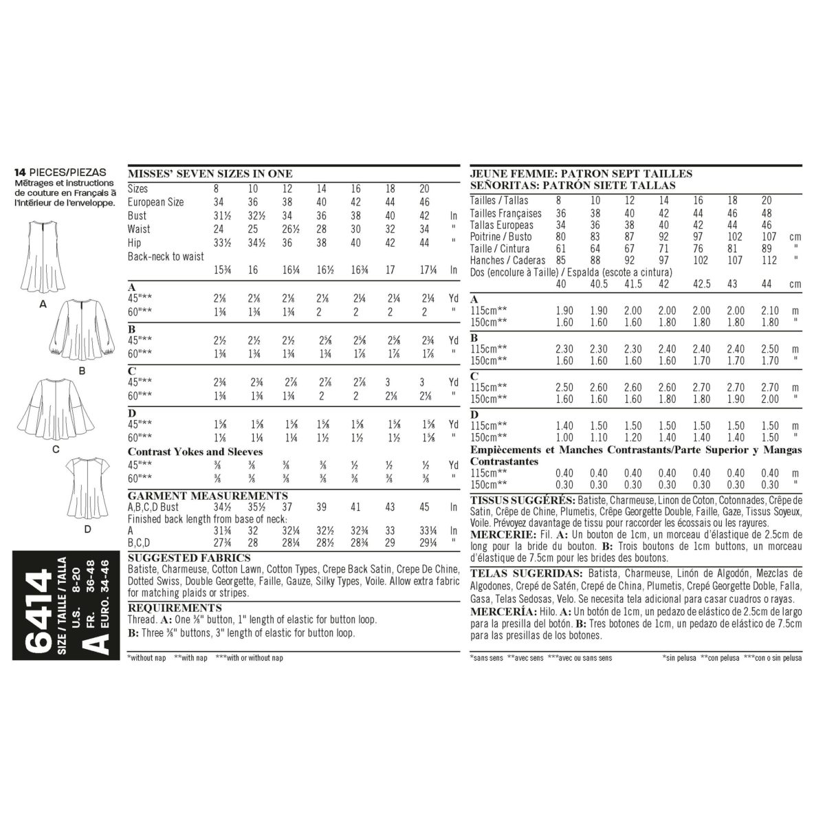 New Look Sewing Pattern N6414 Misses' Tunic and Top with Neckline Variations