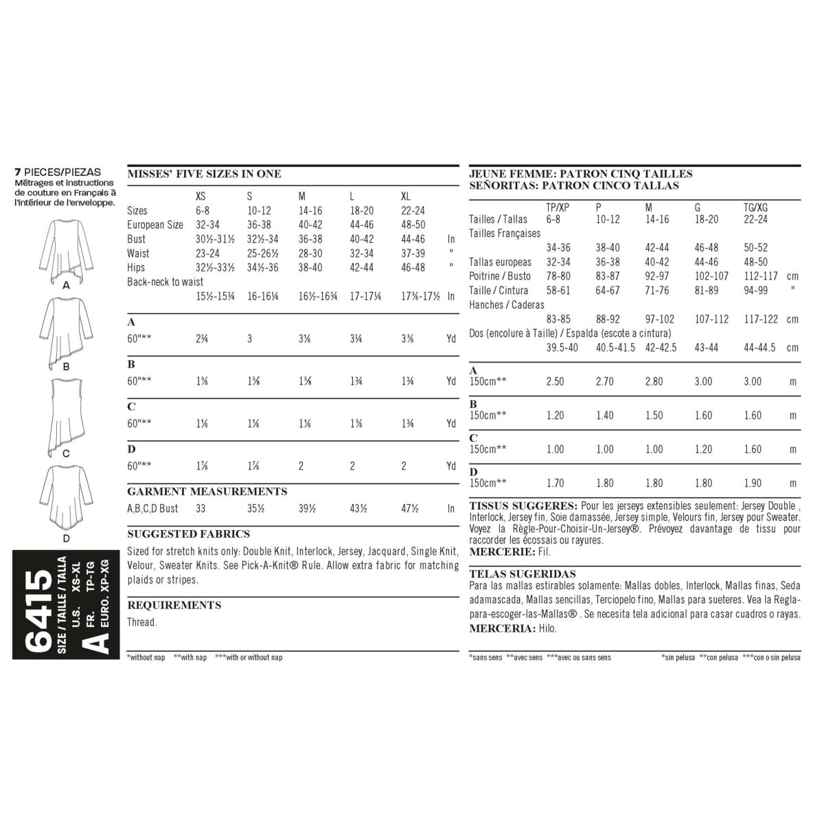 New Look Sewing Pattern N6415 Misses' Knit Tunics