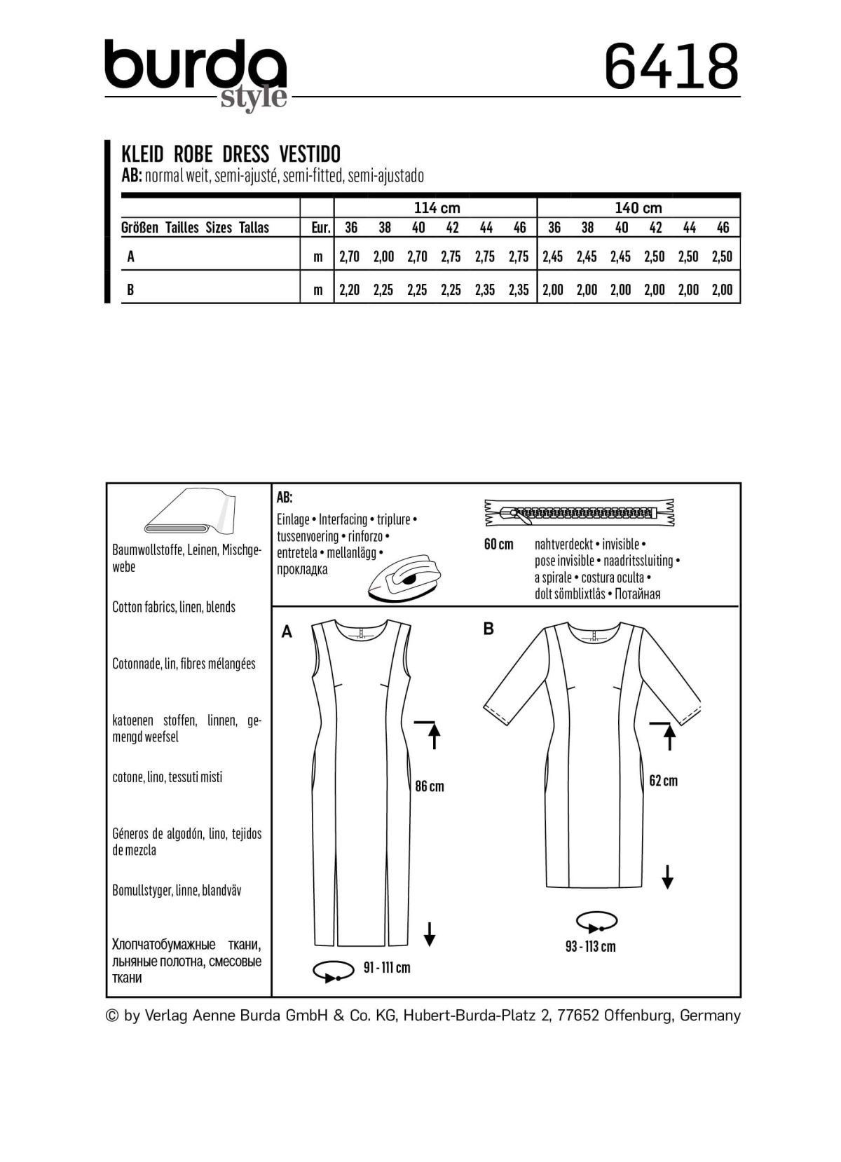 Burda Style Pattern B6418 Women's Feminine Dresses