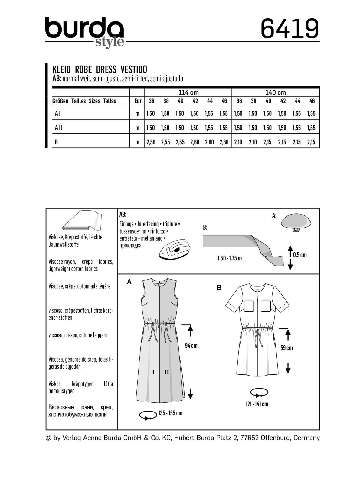 Burda Style Pattern B6419 Women's Short Sleeve Dress