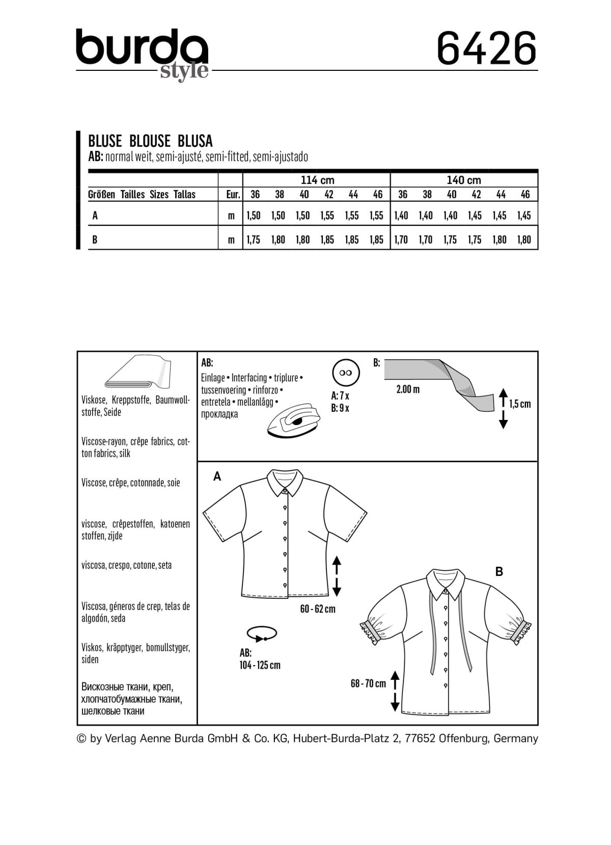 Burda Style Pattern B6426 Misses Fancy Summer Blouses