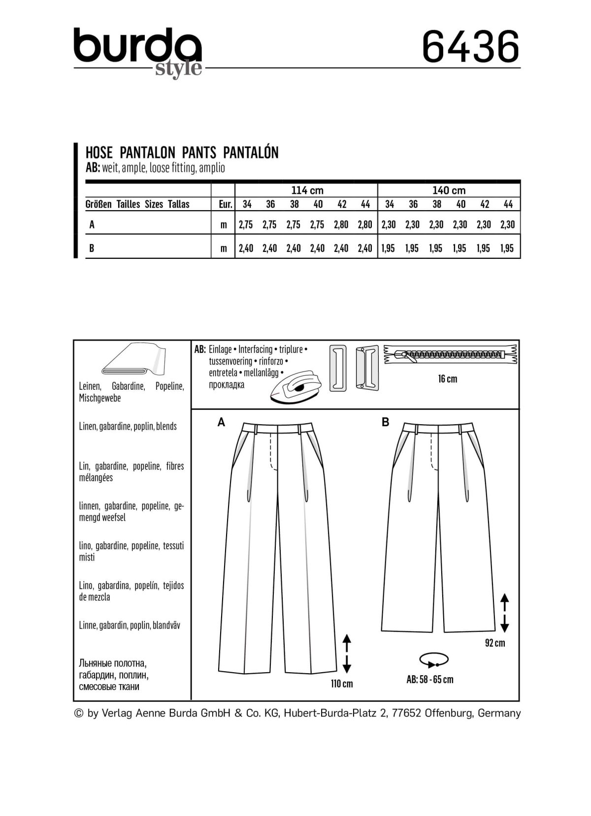 Burda Style Pattern B6436 Women's Wide Leg Trousers