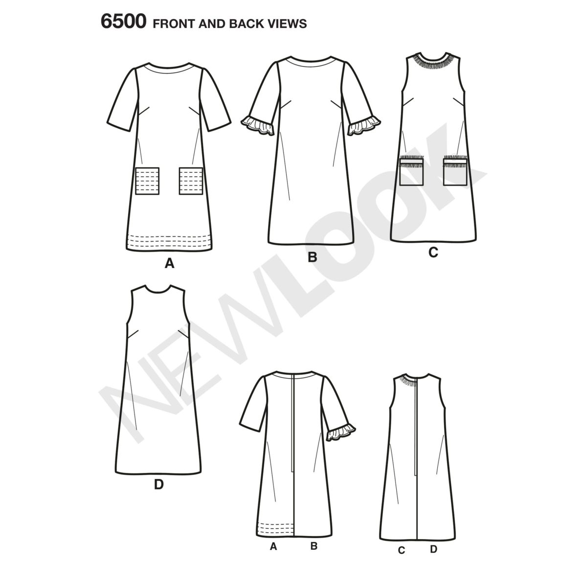 New Look Pattern 6500 Misses Dress with Neckline, Sleeve, and Pocket Variations