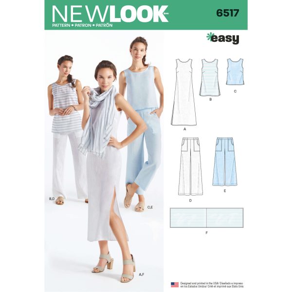 New Look Pattern 6517 Misses' Dress, Tunic, Top, Trousers, and Scarf