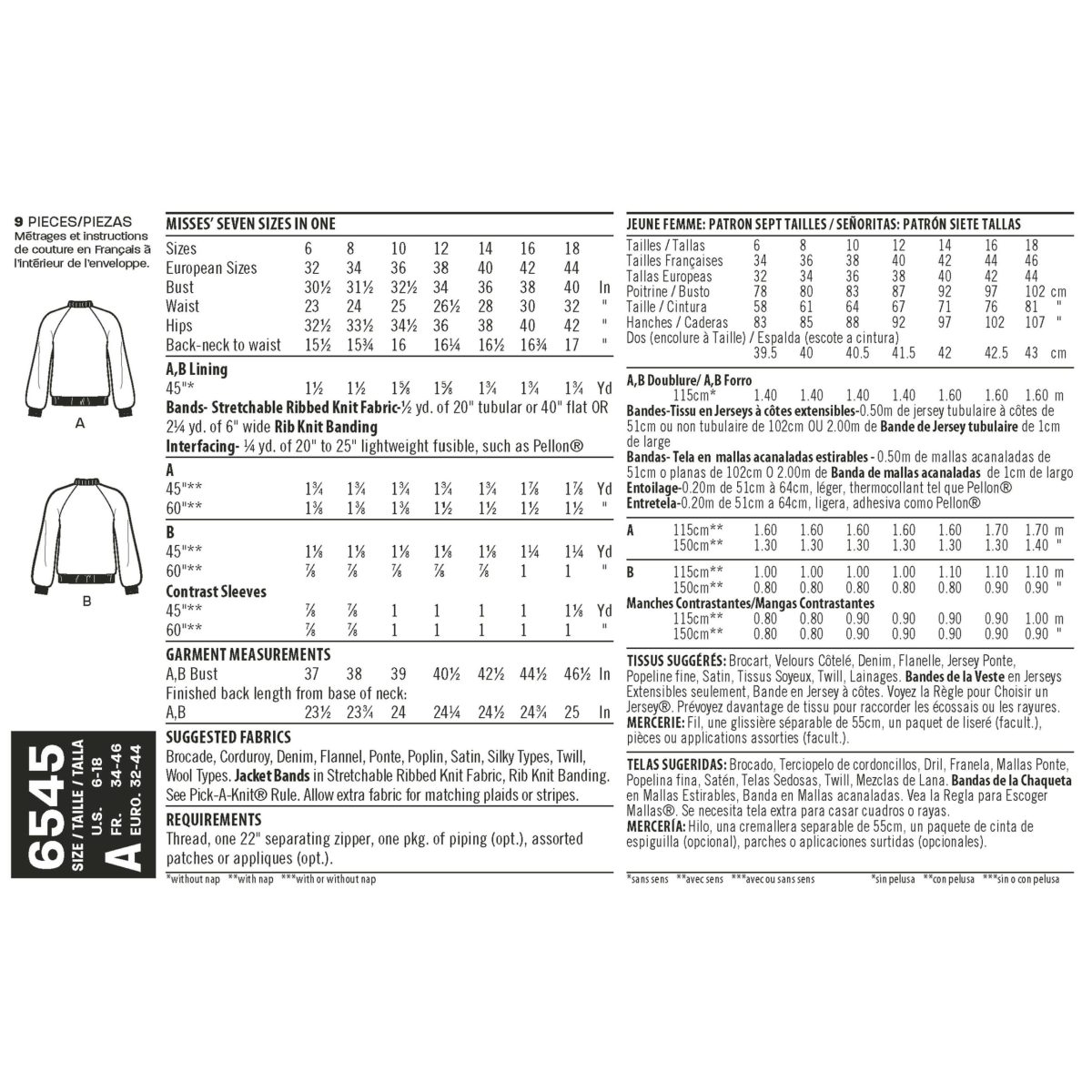 New Look Pattern 6545 Misses Flight Jacket