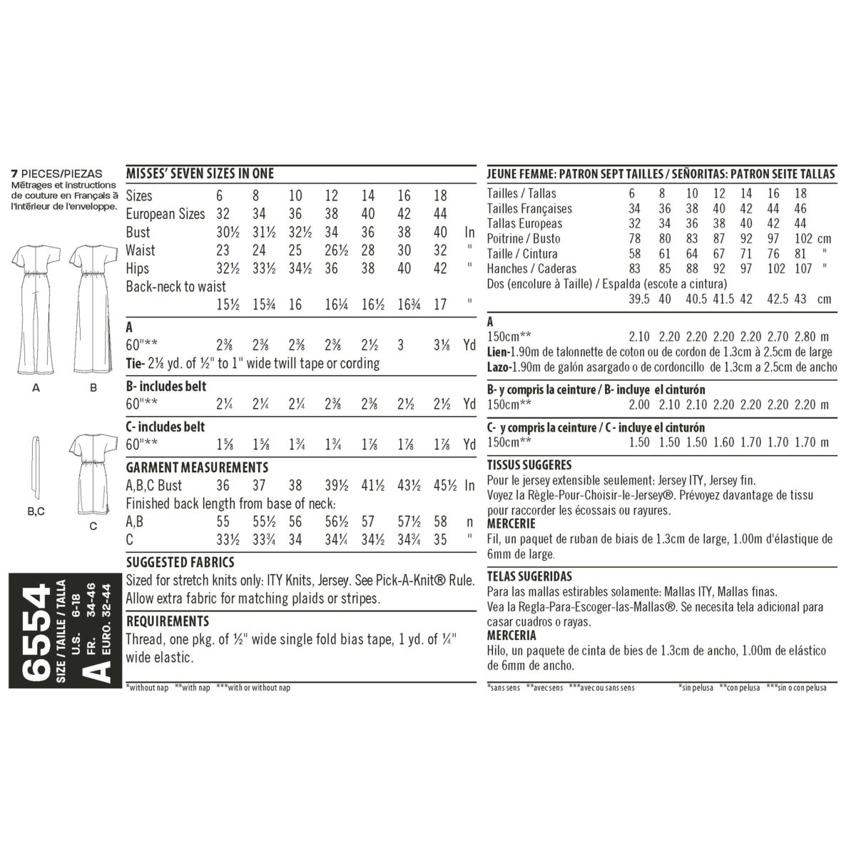 New Look Pattern 6554 Misses' Knit Jumpsuit and Dresses