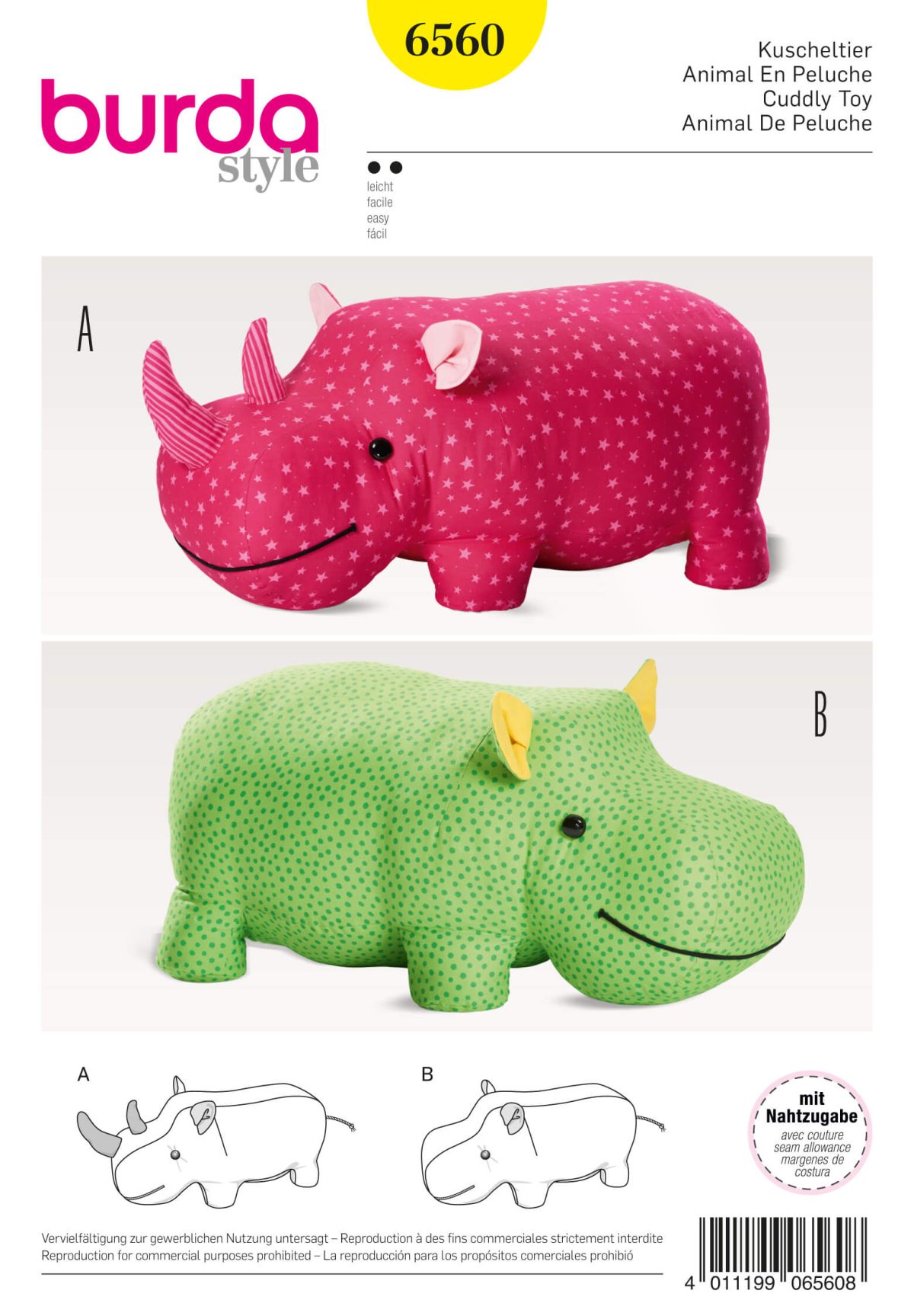 Burda Style Pattern B6560 Stuffed Hippo or Rhino