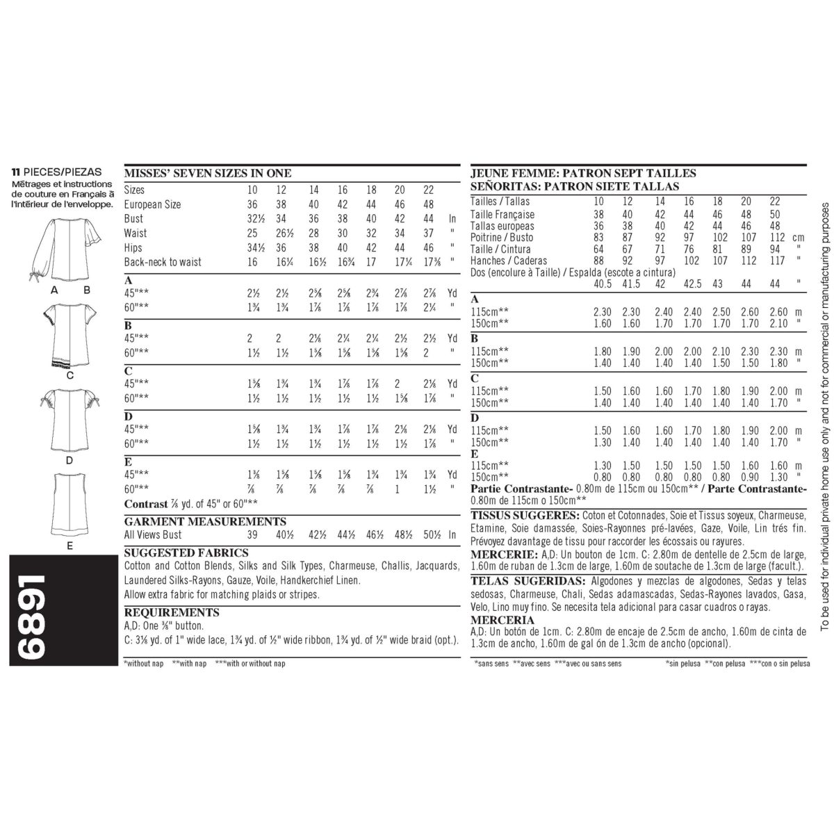 New Look Sewing Pattern N6891 Misses' Tops