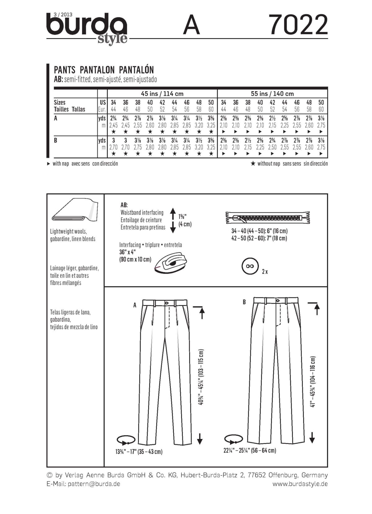 Burda B7022 Burda Style Trousers Sewing Pattern