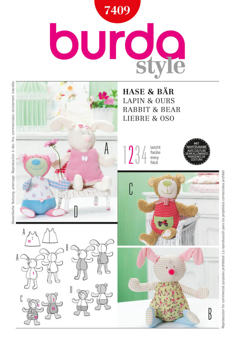 Burda Style B7409 Rabbit & Bear Toy Sewing Pattern