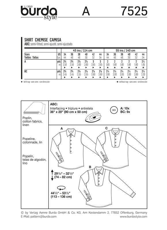 Burda Style B7525 Shirt Sewing Pattern