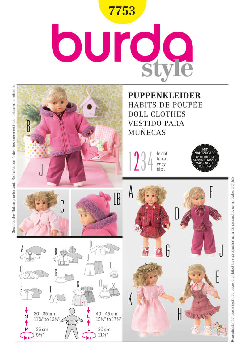 Burda B7753 Doll Clothes Sewing Pattern
