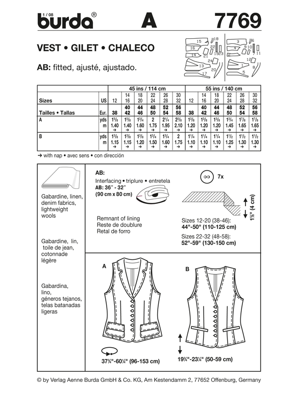 Burda B7769 Vest Sewing Pattern
