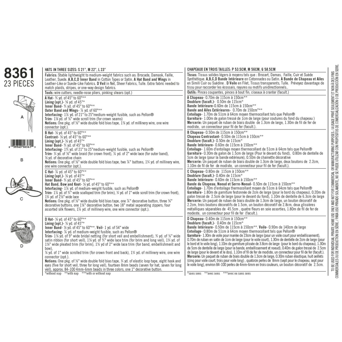 Simplicity Pattern 8361 Hats in Three Sizes: S (21"), M (22"), L (23")