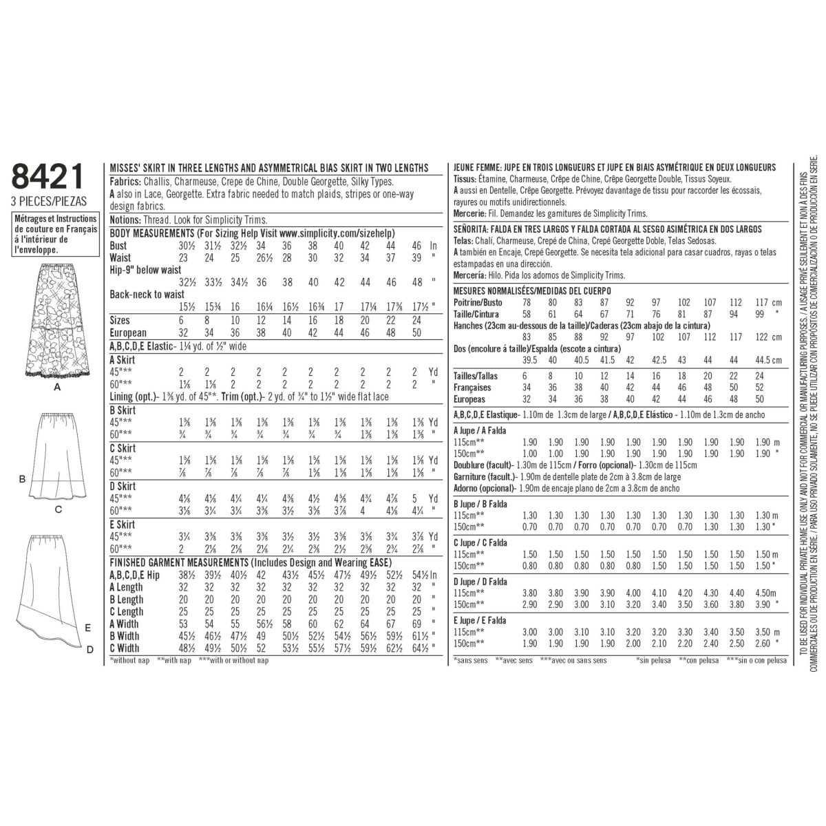 Pattern 8421 Misses' Skirts in Three lengths with Hem Variations