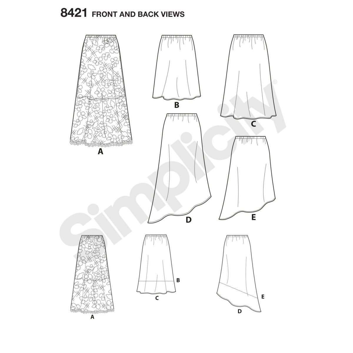Pattern 8421 Misses' Skirts in Three lengths with Hem Variations