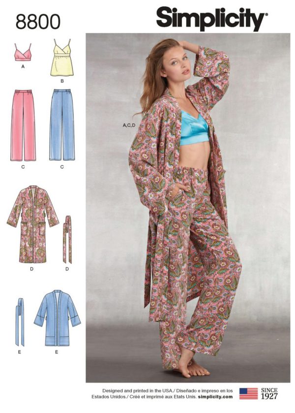 Simplicity Sewing Pattern 8800 Misses' Pyjamas with Robe, Trousers, Top and Bralette