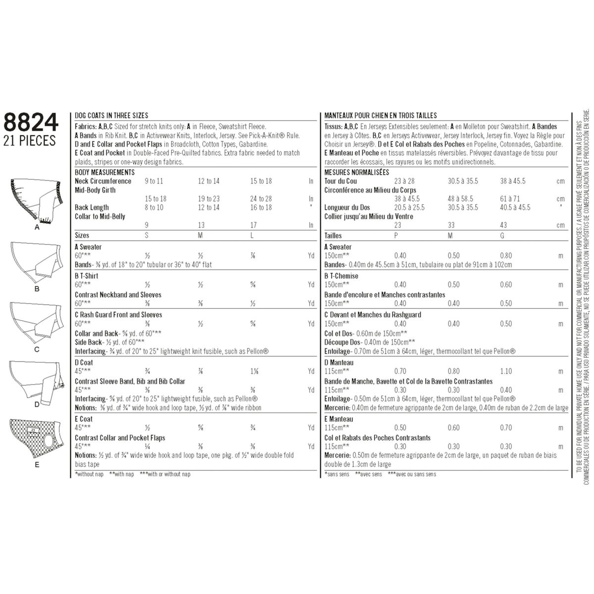 Pattern 8824 Dog Coats in Three Sizes
