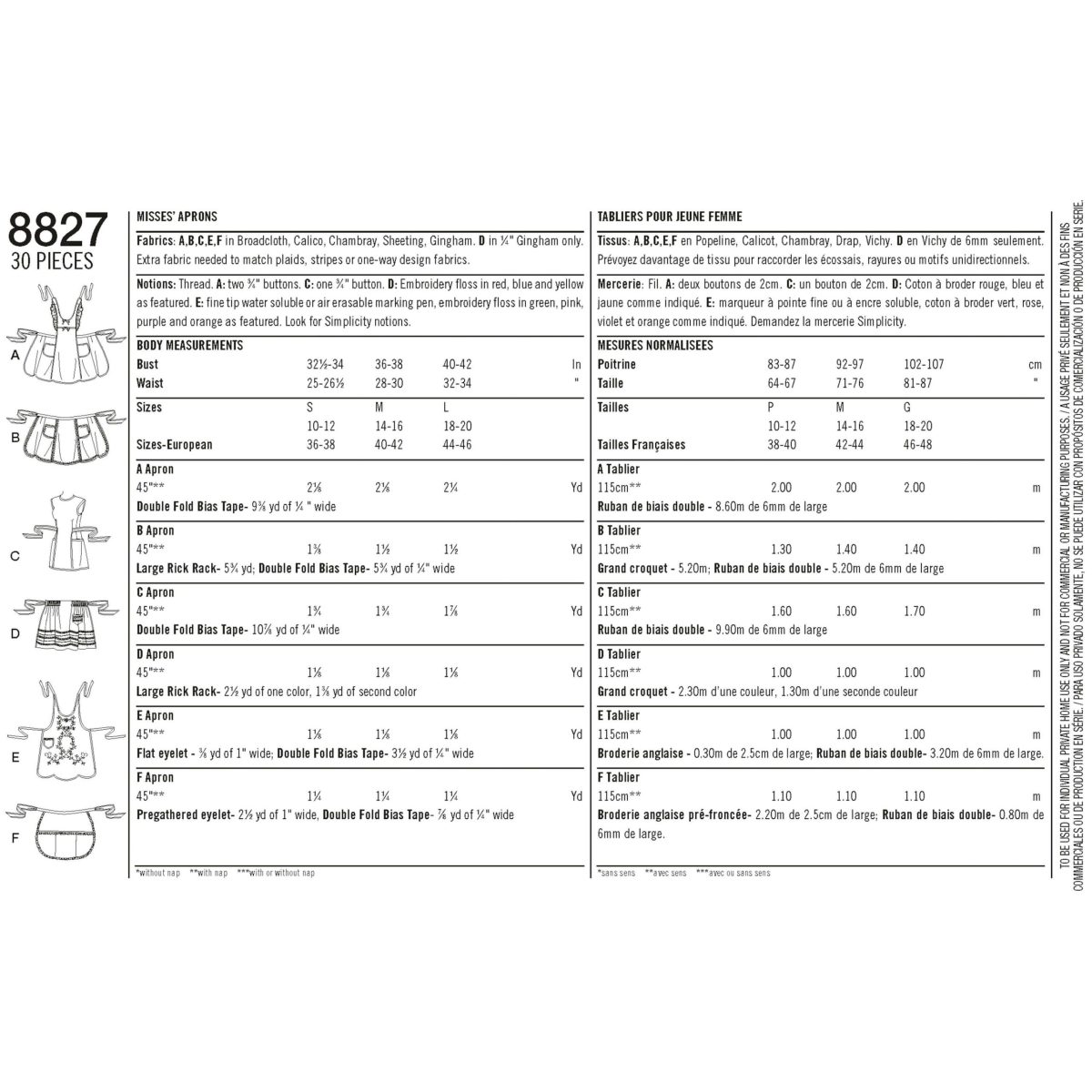 Pattern 8827 Misses' Aprons