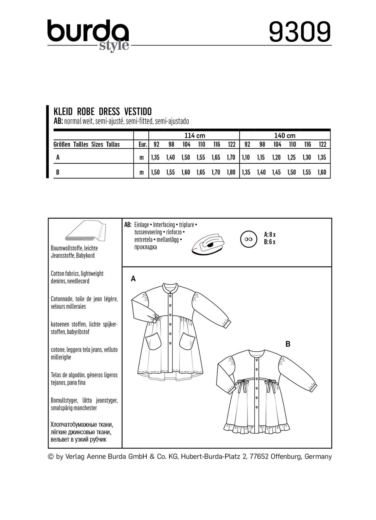 Burda Style Pattern 9309 Children's Dresses, Buttons at Front, with Trim and Pocket Variations